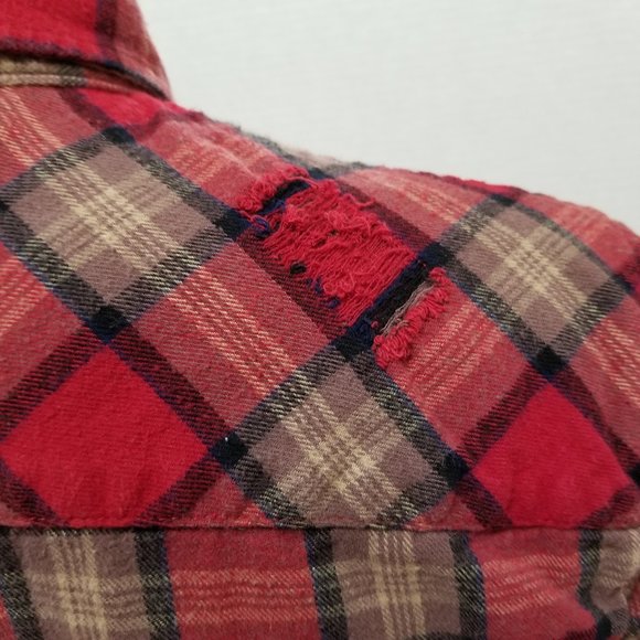 Forever 21 Men shirt Large distressed flannel button up plaid ripped torn grunge - Picture 11 of 15